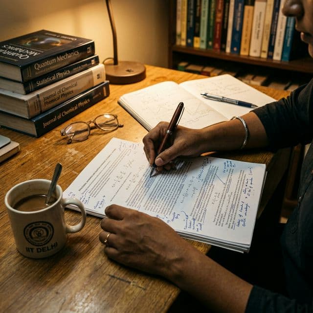 Student working on research notes with a laptop in a campus study space