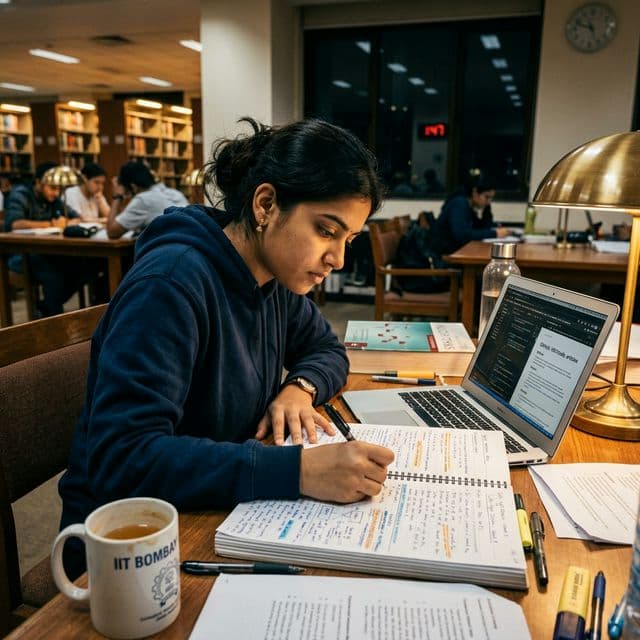 Student working on a laptop with notes in a focused study session