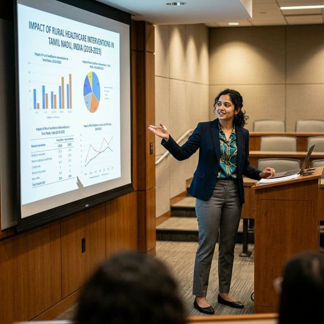 Doctoral candidate presenting research charts to a committee