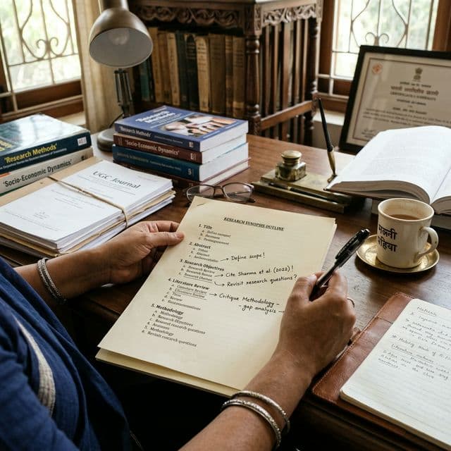 Research synopsis outline marked with academic annotations