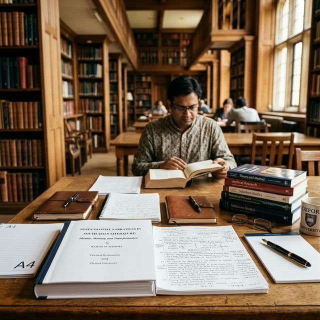 Scholarly thesis documents and research notes on a desk