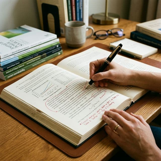 Academic reviewing a manuscript with editorial marks