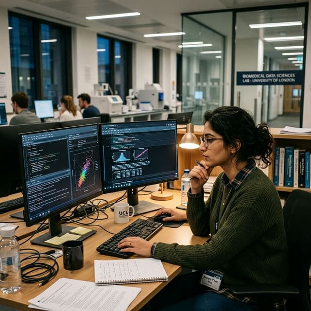 Researcher working at a computer with multiple academic database windows